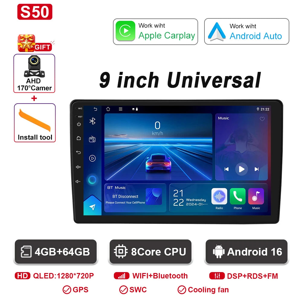 9"/10" Universal Car Stereo with Apple CarPlay & Android Auto (1 DIN)
