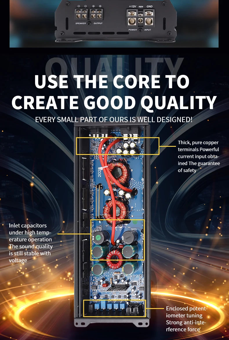 Car Max 1500W single-channel car audio amplifier, low distortion, smooth sound quality, Class D high-power car power amplifier,