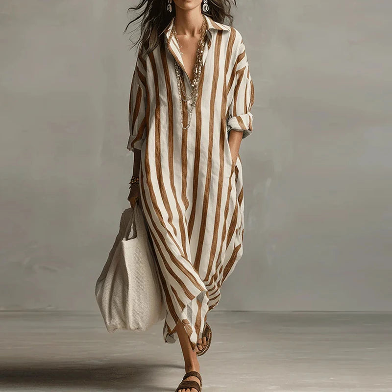 Vintage Printed Maxi Dresses For Women Casual Striped Printed Loose Beach Holiday Long Dresses For Women Party Dress Boho