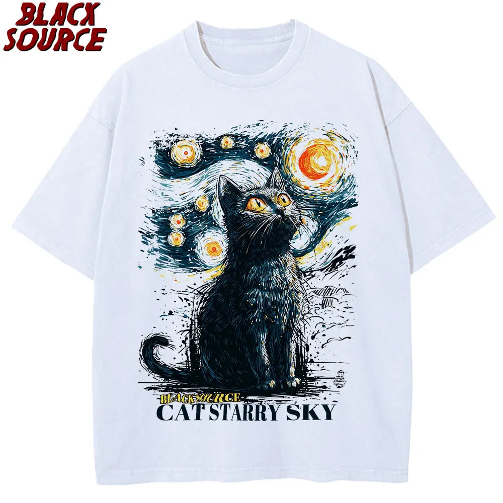 T188 Black Cat Starry Sky Night Vintage T-shirt for Men and Women, Short Sleeve Cotton Round Neck T-shirt, Casual Graphic