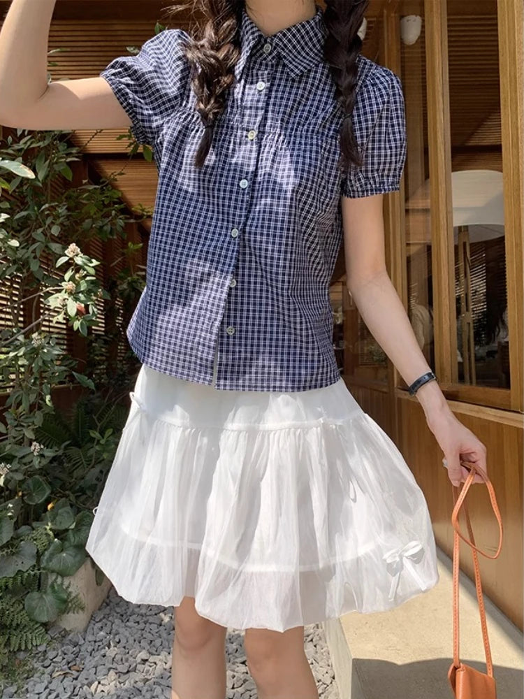 Japanese Plaid Puff Sleeve T Shirt and Cardigan Set Women Summer 2025 Casual Loose Fit Retro Blouse Vintage Sweet Girl Outfit