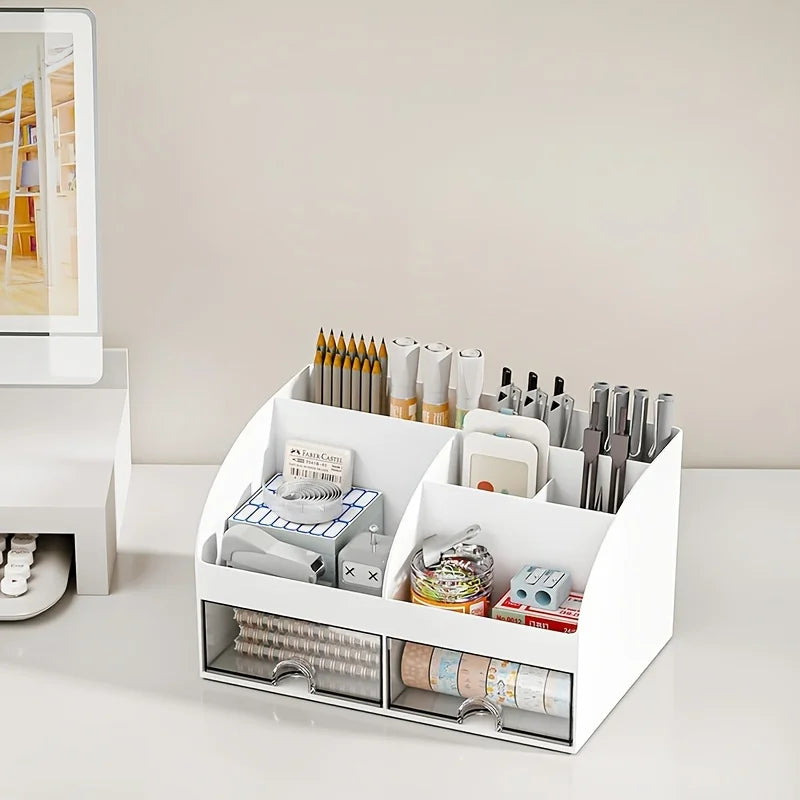 Desktop organizer with 6 compartments and 2 drawers, desktop organizer, drawer organizer, plastic cosmetic organizer