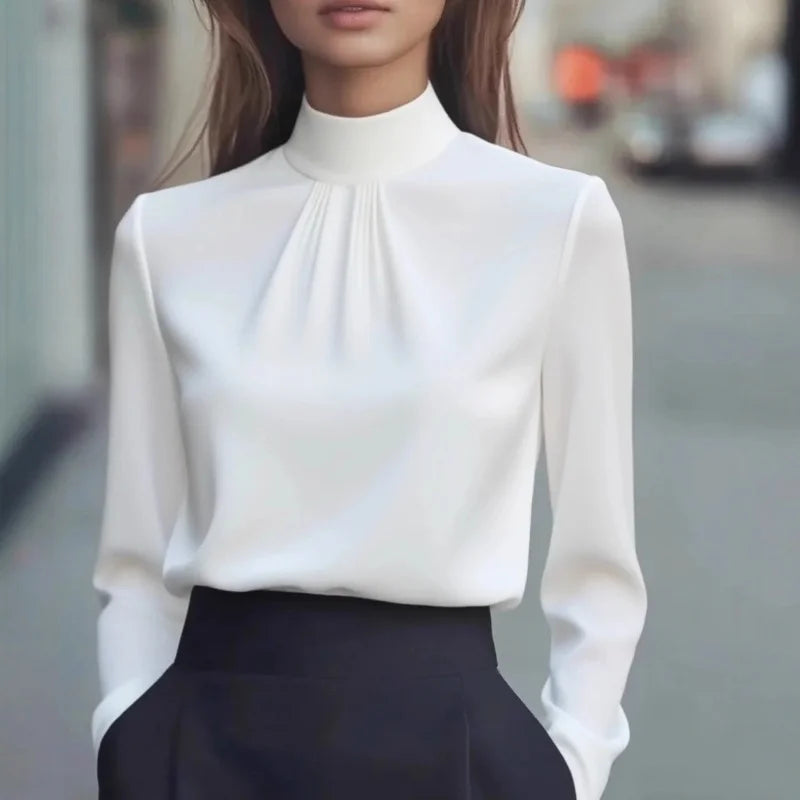 Women's High Neck Dressy Blouse - Plain Elegant Everyday Top - photo 6