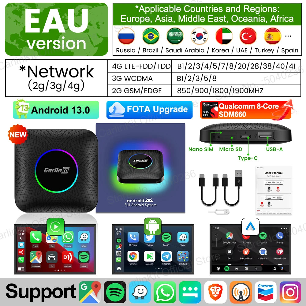 CarlinKit Android 13 CarPlay AI Box — Wireless CarPlay & Android Auto Adapter, 8-Core, Dual-Band WiFi, GPS