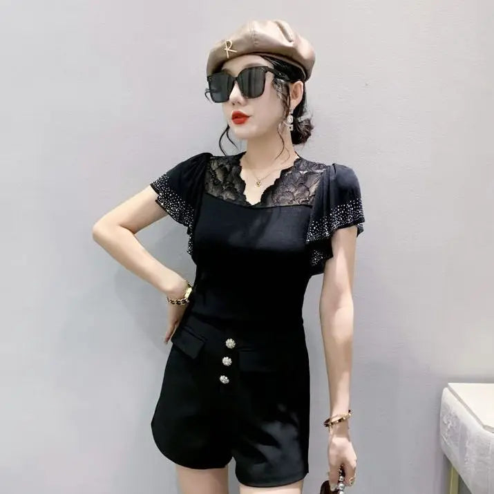 Women Casual Diamonds Lace T Shirts Summer 2026 Korean Fashion Y2k Clothes Slim V Neck Harajuku Sexy Ladies Streetwear Tops Tees