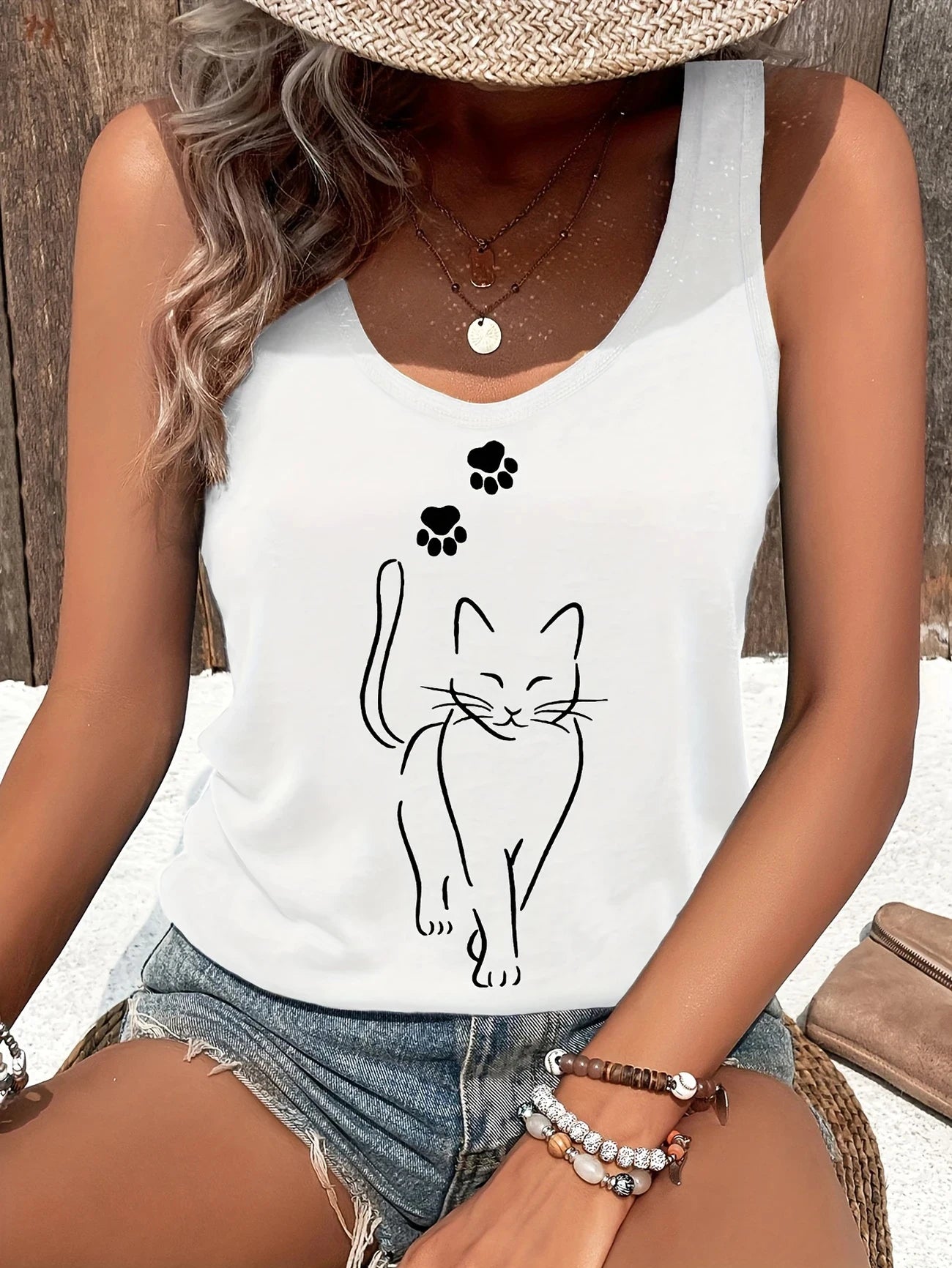 T-shirt Cat Kawaii Design Printed Vest Graphic Print Tank Top Women’s Sleeveless Crew Neck Casual Top for Summer Spring