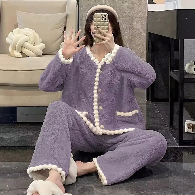 Women's Coral Fleece Pajamas - Printed Button Cardigan Sleep Set - photo 9