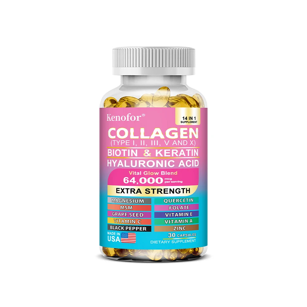 Kenofor 14-in-1 Collagen Capsules – Biotin, Keratin, Hyaluronic Acid, Vitamins A/C/E | Anti-Aging Skin, Hair & Nails Supplement | 30/60/120 Count