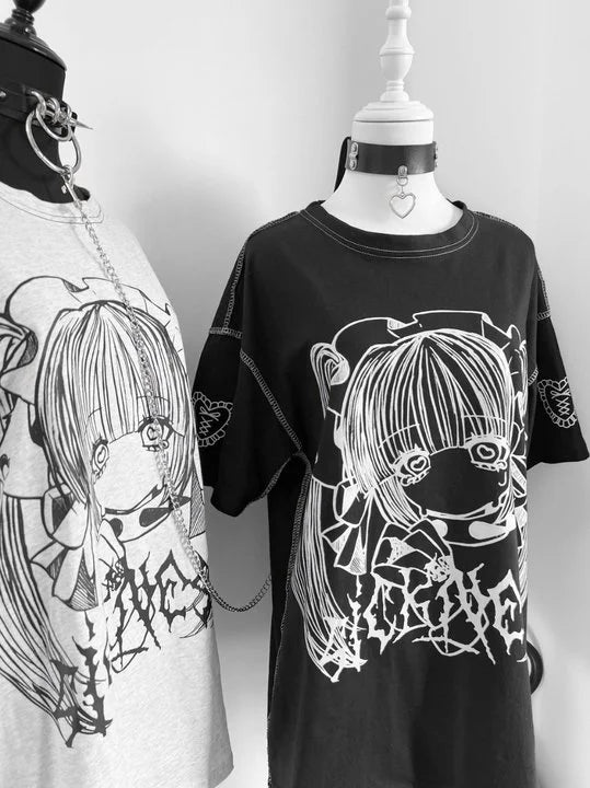 Japanese Y2K Harajuku Gothic anime Girl Printed Short Sleeve Couple T-shirt Summer New Loose and Comfortable Casual Top
