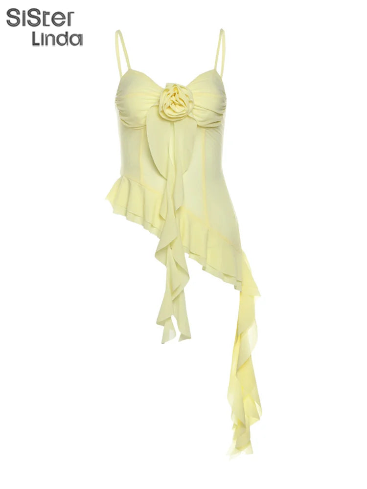 High Quality Women's Sexy Suspender Top Popular In Spring And Summer 2026 Low Cut Backless Yellow Flower Decorated Women's Top