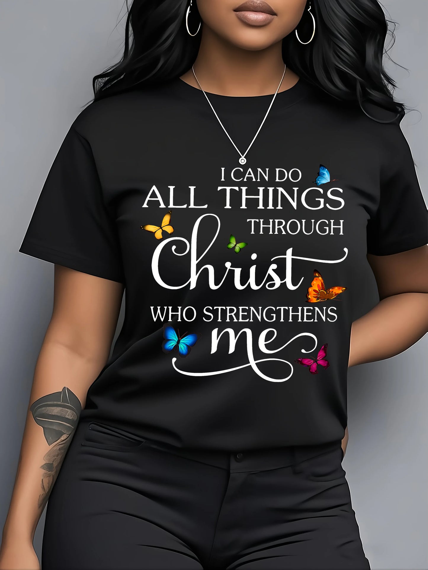 I Can Do All Things Through Christ Women's Tee - Butterfly Christian Graphic, Casual Pink Top