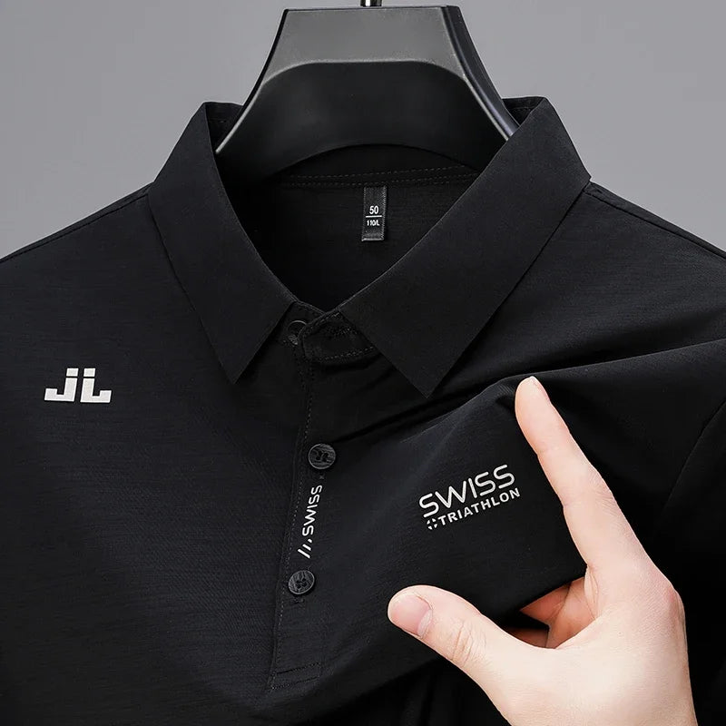 Men's Badge Polo Shirt - Solid Color, Breathable Business Casual