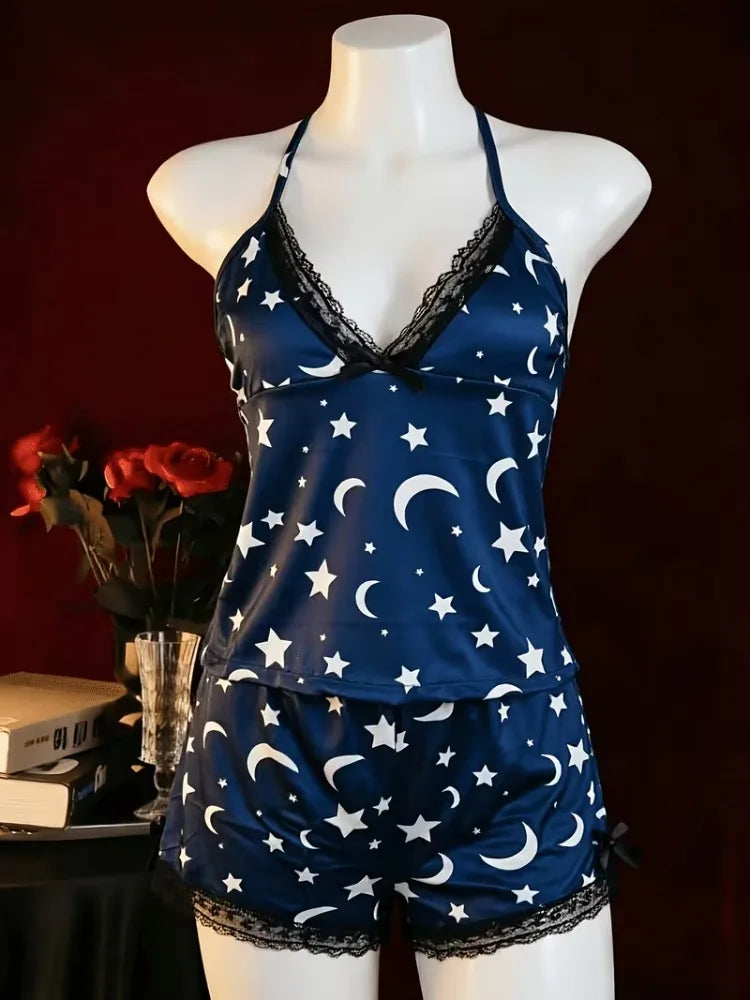 Women Lace-Trimmed Leopard Printed 2 Pieces Pajamas Set Sleepwear Straps Crop Top & Shorts Suit Home Clothes Loungewear