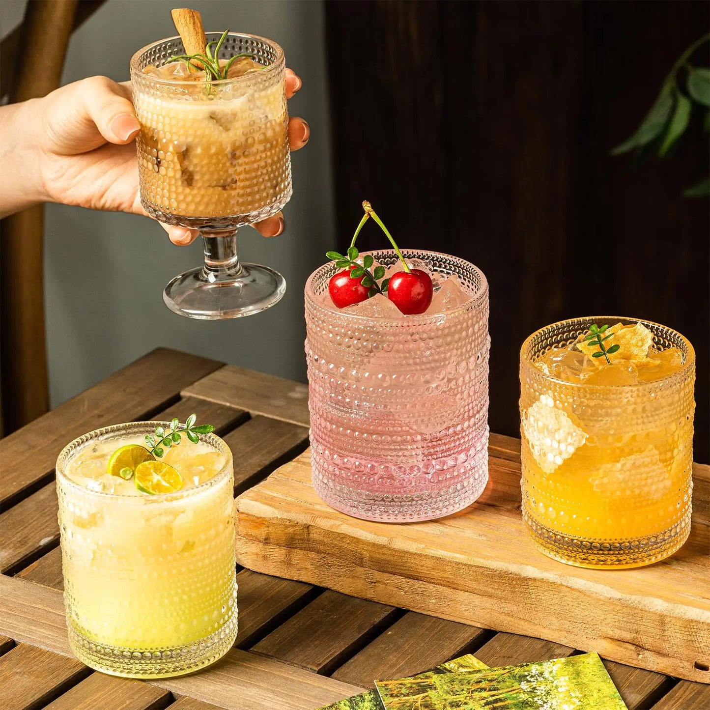 4PCS 250ML Hobnail Iced Beverage Goblets Vintage Drinking Glass Cup Wine Soda Juice Glassware set for Parties Bars