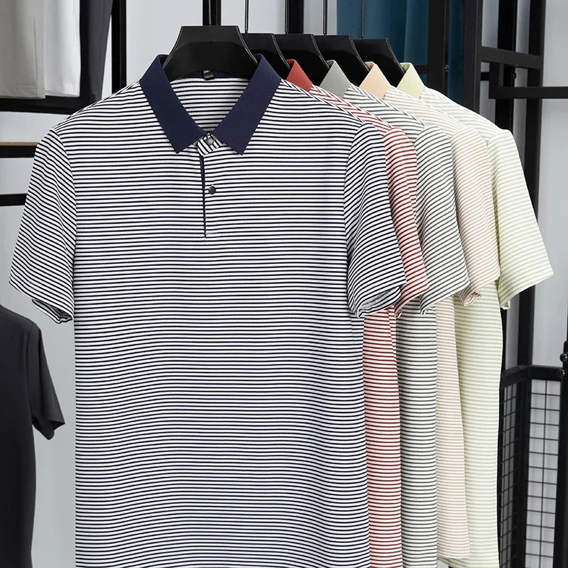 Men's Fine-Stripe Lapel Polo - Breathable Mesh, Soft Stretch