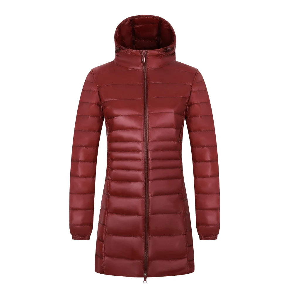 Women's Long Puffer Coat with Storage Bag - Light Hip-Length Jacket - photo 19