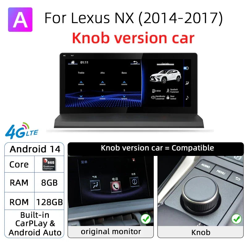 Nunoo Android 14 CarPlay Auto Radio For Lexus NX NX200 NX200T NX300h 2014-2021 Multimedia Navigation GPS DSP 4G WiFi