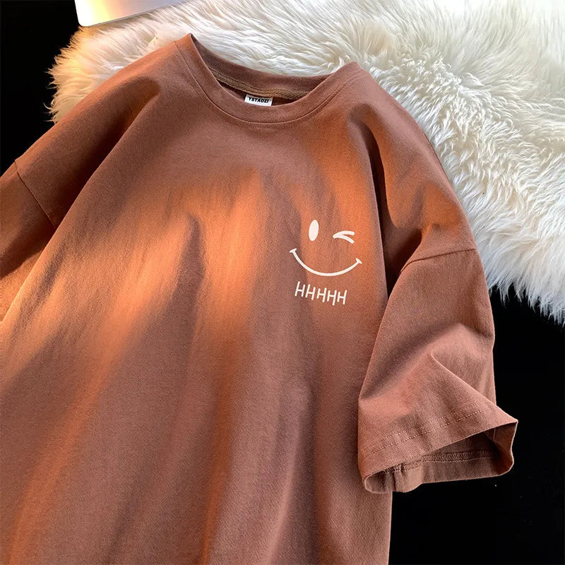 Smiley Face Print T-Shirt — Unisex Oversized Casual Short-Sleeve Tee