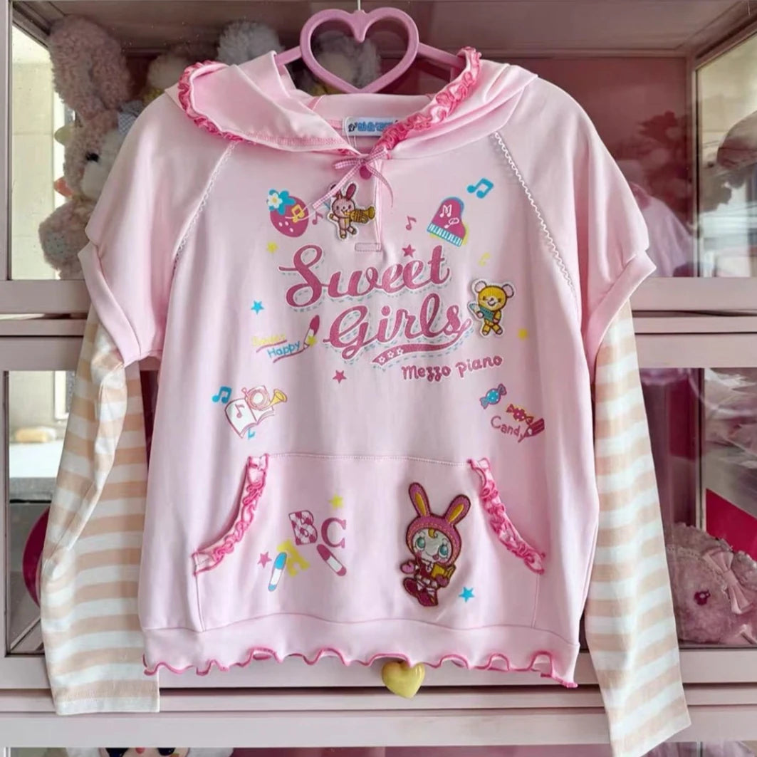 2026 Summer Japanese Kawaii Hooded T Shirts Women Y2k Hooded Short Sleeve Cartoon Print T-shirt Tops Casual Fashion Sweet Tees