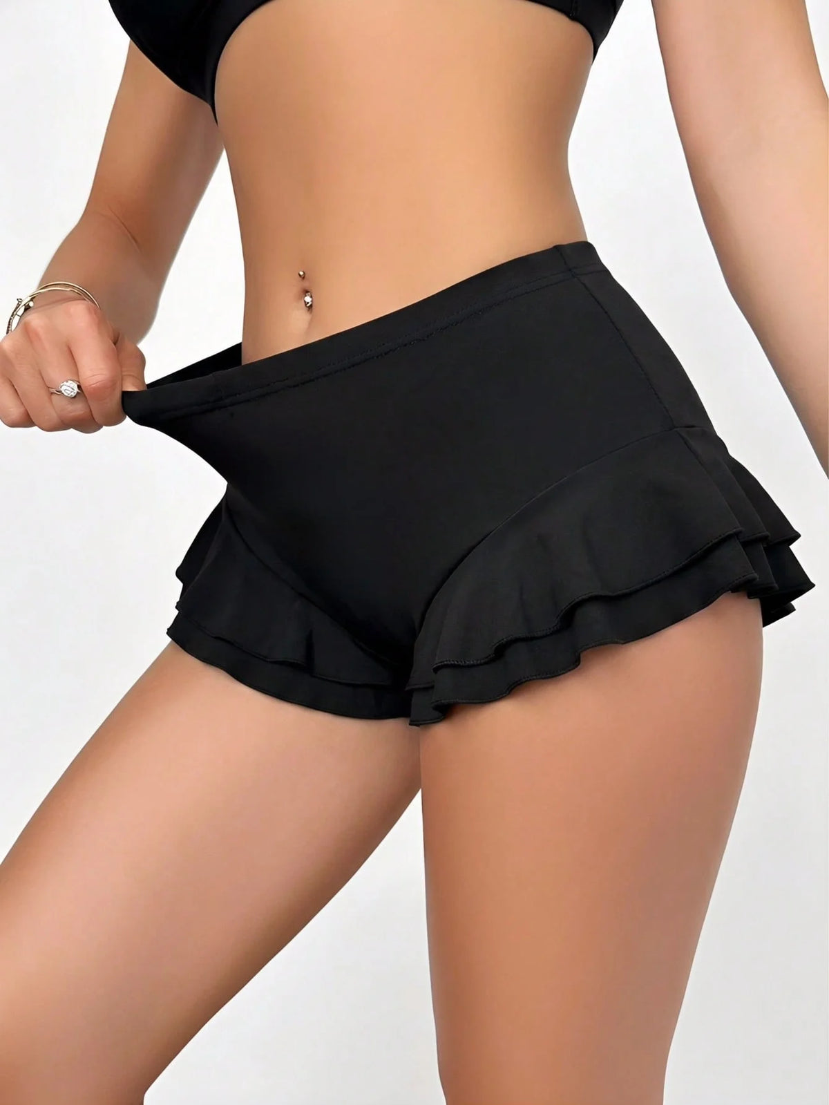 Women High Waist Double Layer Ruffle Trim Casual Mini Skort 2026 Summer Y2K Solid Black Stretch Soft Fabric Workout Streetwear S