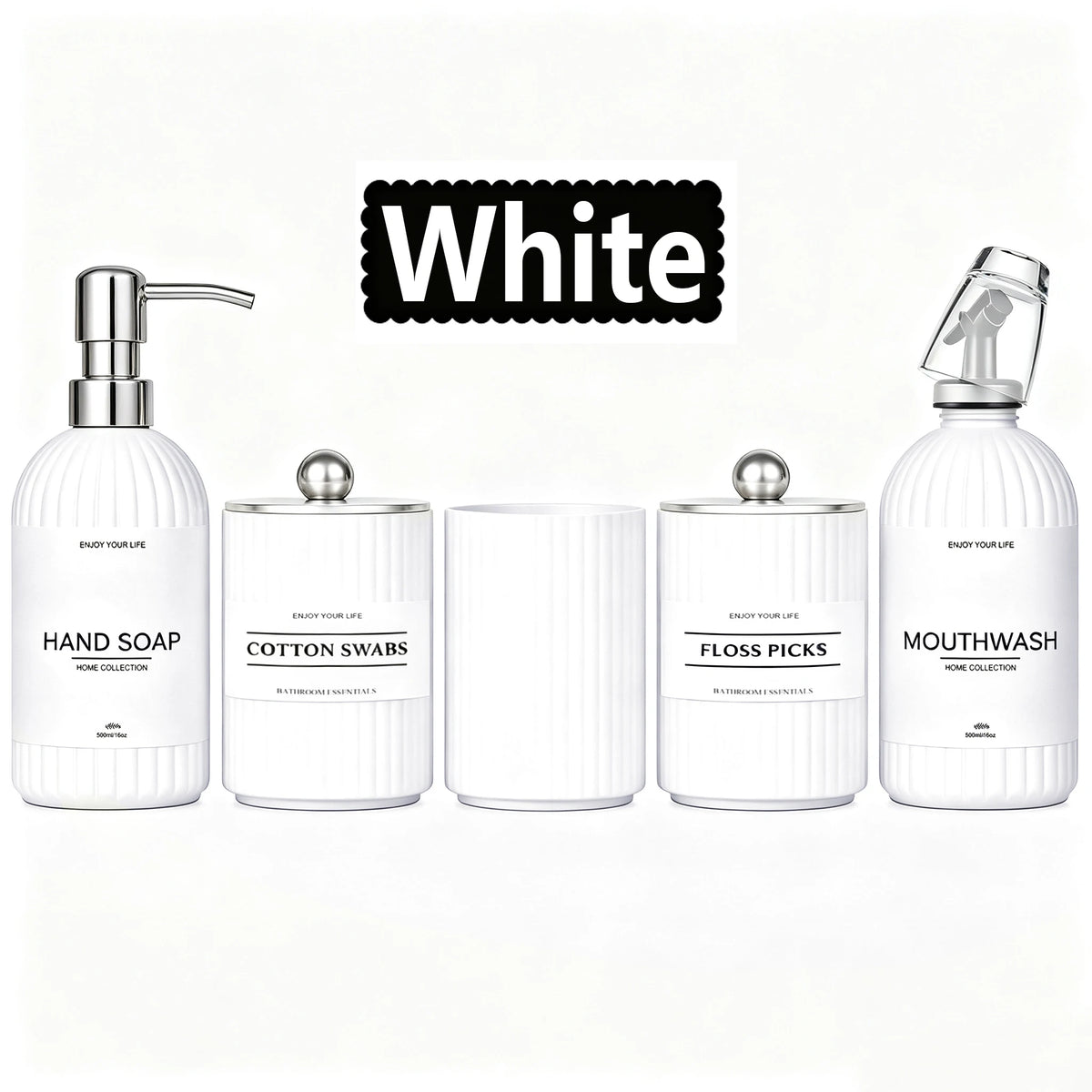 Bathroom Vanity Accessories Set, Reusable Soap Bottle, Storage Jar, Toothpaste Cup and Mouthwash Dispenser for Housewarming Gift