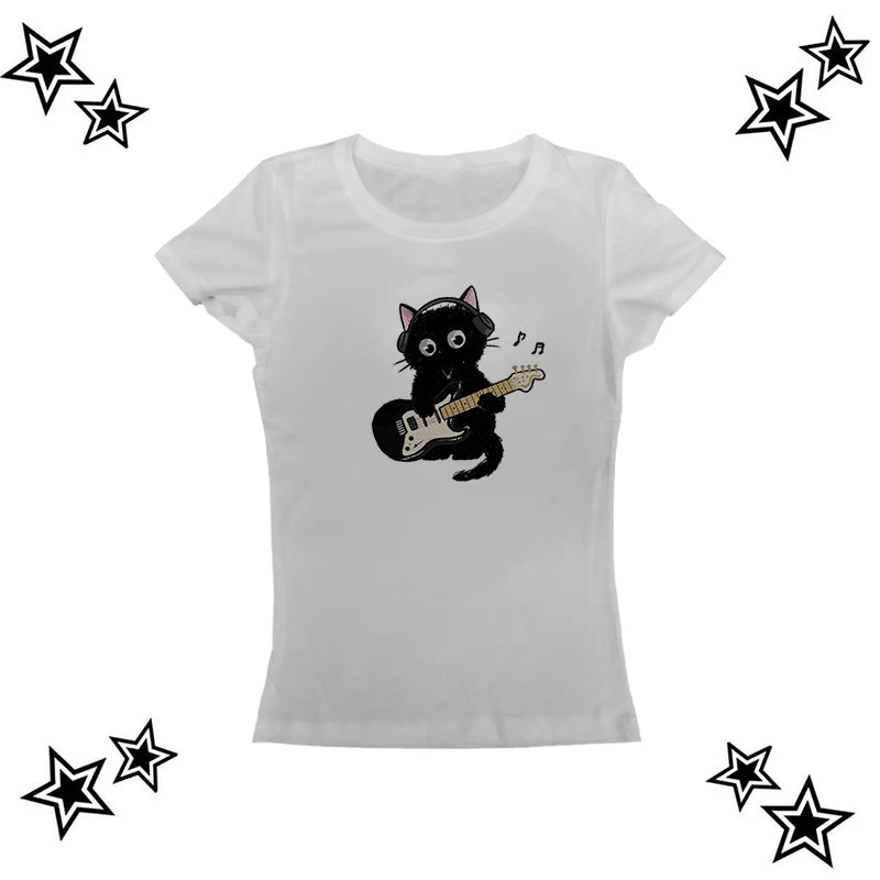 Y2k Aesthetic Cat pattern Vintage Basic Tees Ladies Clothes Retro Graphic Top White Short Sleeve Casual T Shirt for Women