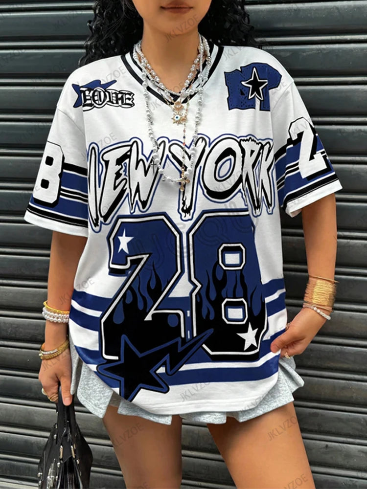 Oversized T-shirt For Women V-Neck Short Sleeve Summer Patchwork New York 28 Print Casual Tees Sports Football Jersey Y2k Tops