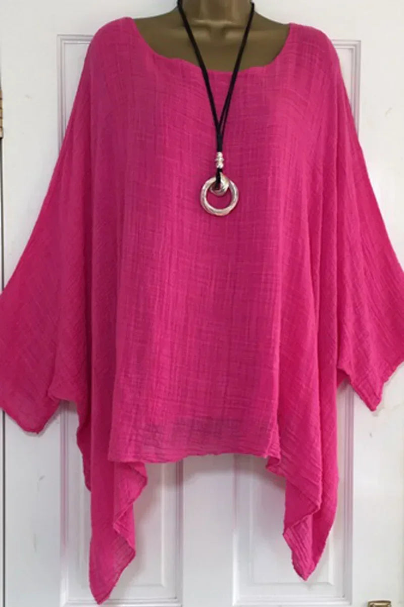 Women's Plus-Size Linen T-Shirt — Loose Batwing Long-Sleeve Top (to 5XL)