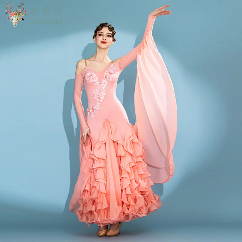 Women's off-shoulder long-sleeve ballroom performance dress