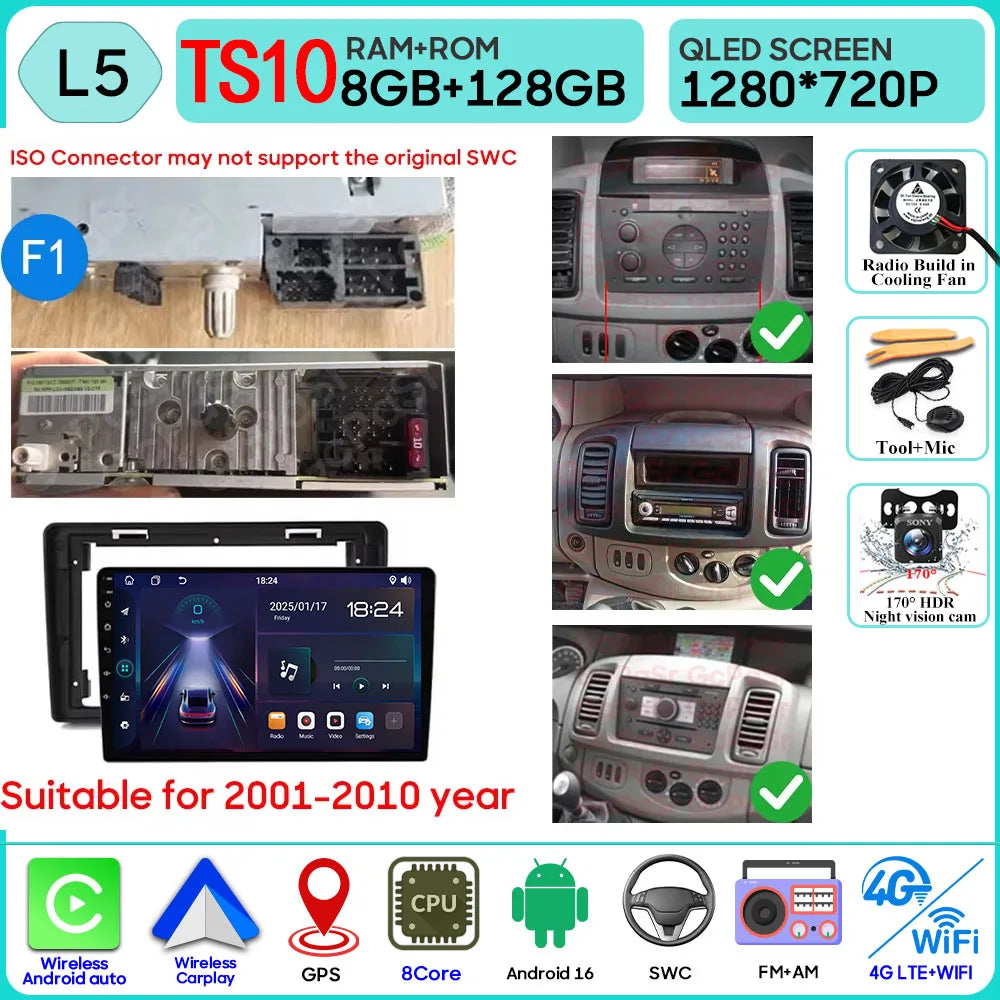 Car Stereo with Apple CarPlay & Android Auto, Compatible with Renault Trafic 2, Opel Vivaro A & Nissan Primastar