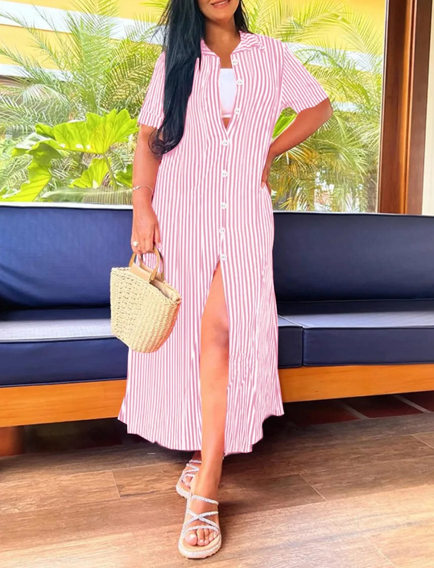 Women's Stripe Button-Front Maxi Dress with V-Neck and Side Slit - Loose Fit Casual Summer Shirt Dress in Pink, Blue, Black & Pr