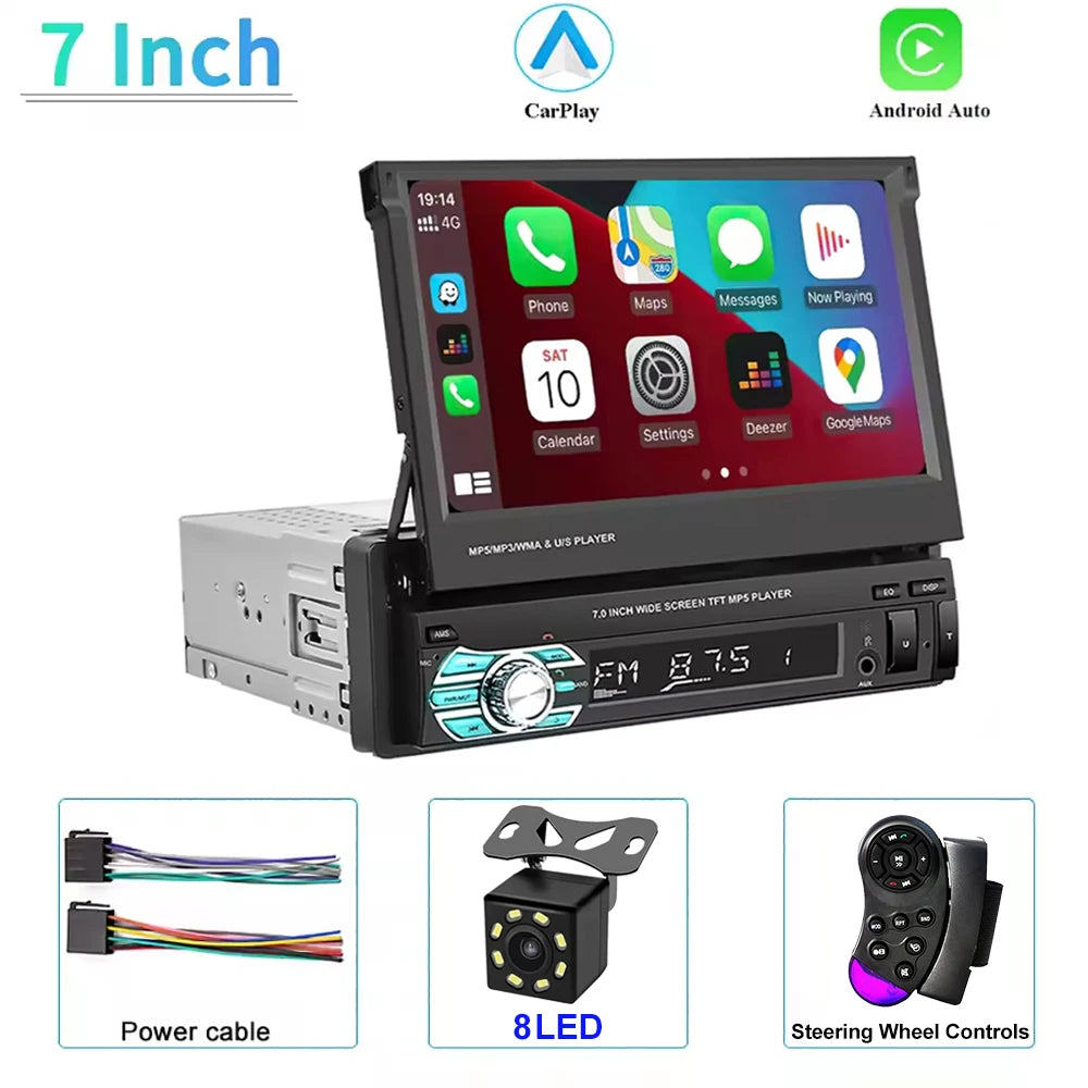 1 Din MP5 Player 7 Inch Carplay Android Auto Universal Manual Automatic Retractable Touch Screen Car Player FM Radio