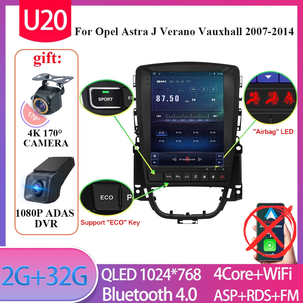 9.7" Android Car Stereo for Opel Astra J & Verano, Vauxhall (2007–2014) — CarPlay, GPS, 4G, Bluetooth