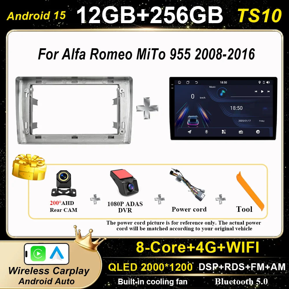 Android 15 Car Radio Stereo For Alfa Romeo MiTo 955 2008-2016 Auto Cireless Carplay GPS Navigation Multimedia Video Player 2Din