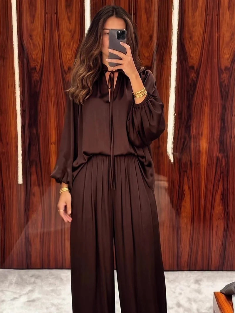 Satin Lace-Up V-Neck Blouse & Wide-Leg Pants Set — 2-Piece