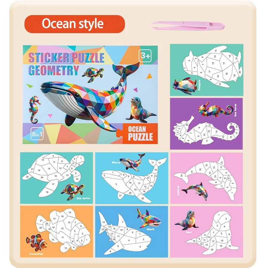 3D Puzzle Stickers DIY Craft Kits Animal Collage 5 Themes Back-to-School Gift Creative Educational 9-PCS Kit with Clips