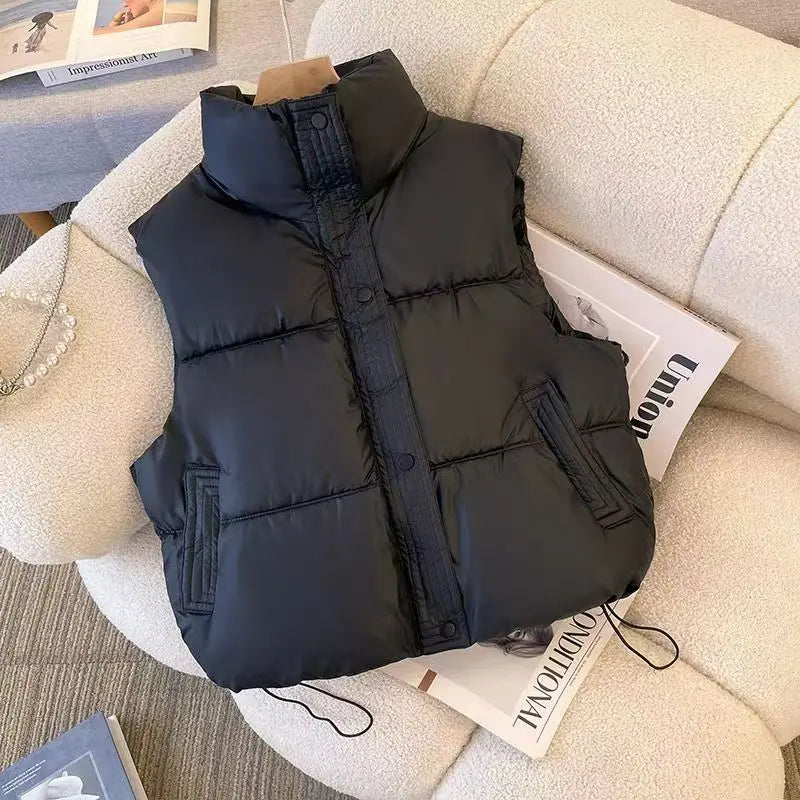 Women's Stand Collar Puffer Vest - Solid Color Zip Up Waistcoat - photo 6