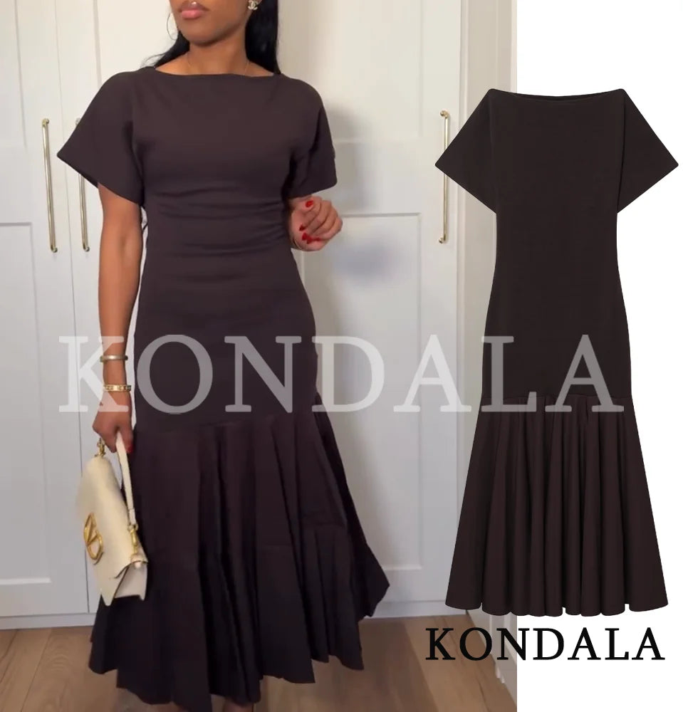 KONDALA Women's Vintage Boat Collar Pleated Slim Dress – Elegant Casual Splicing Maxi Dress 2026