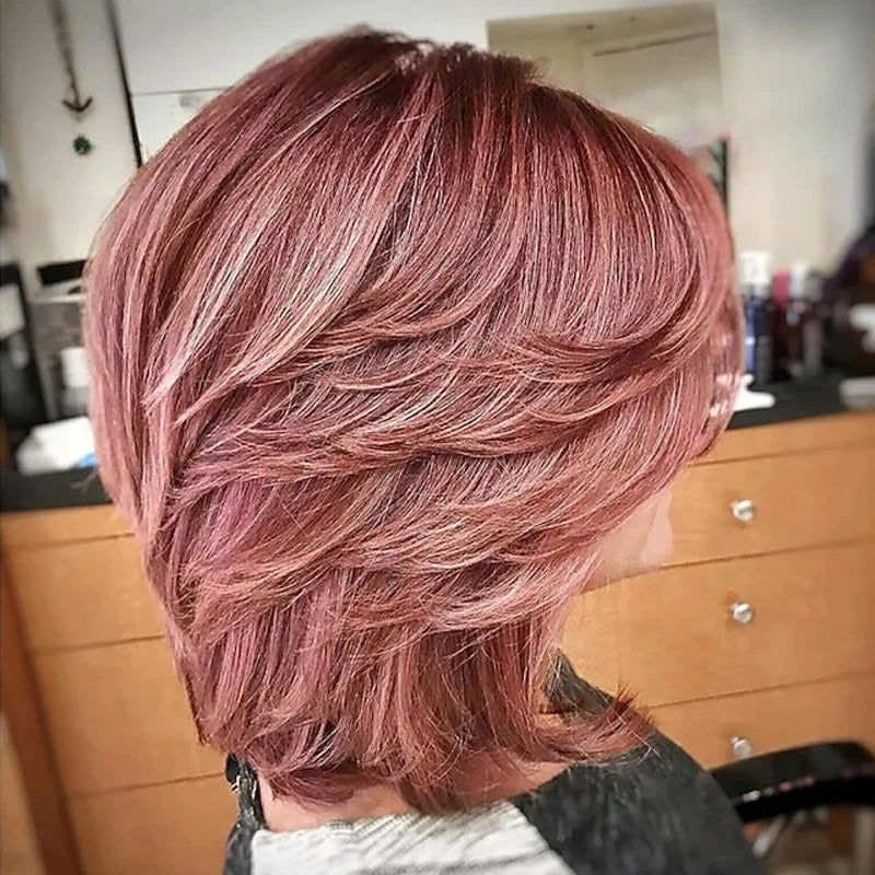 HAIRJOY Dark Gray Ombre Layered Wigs with Bangs for Black Women Synthetic Hair Short Gray Highlight Straight Layered Bob Wig