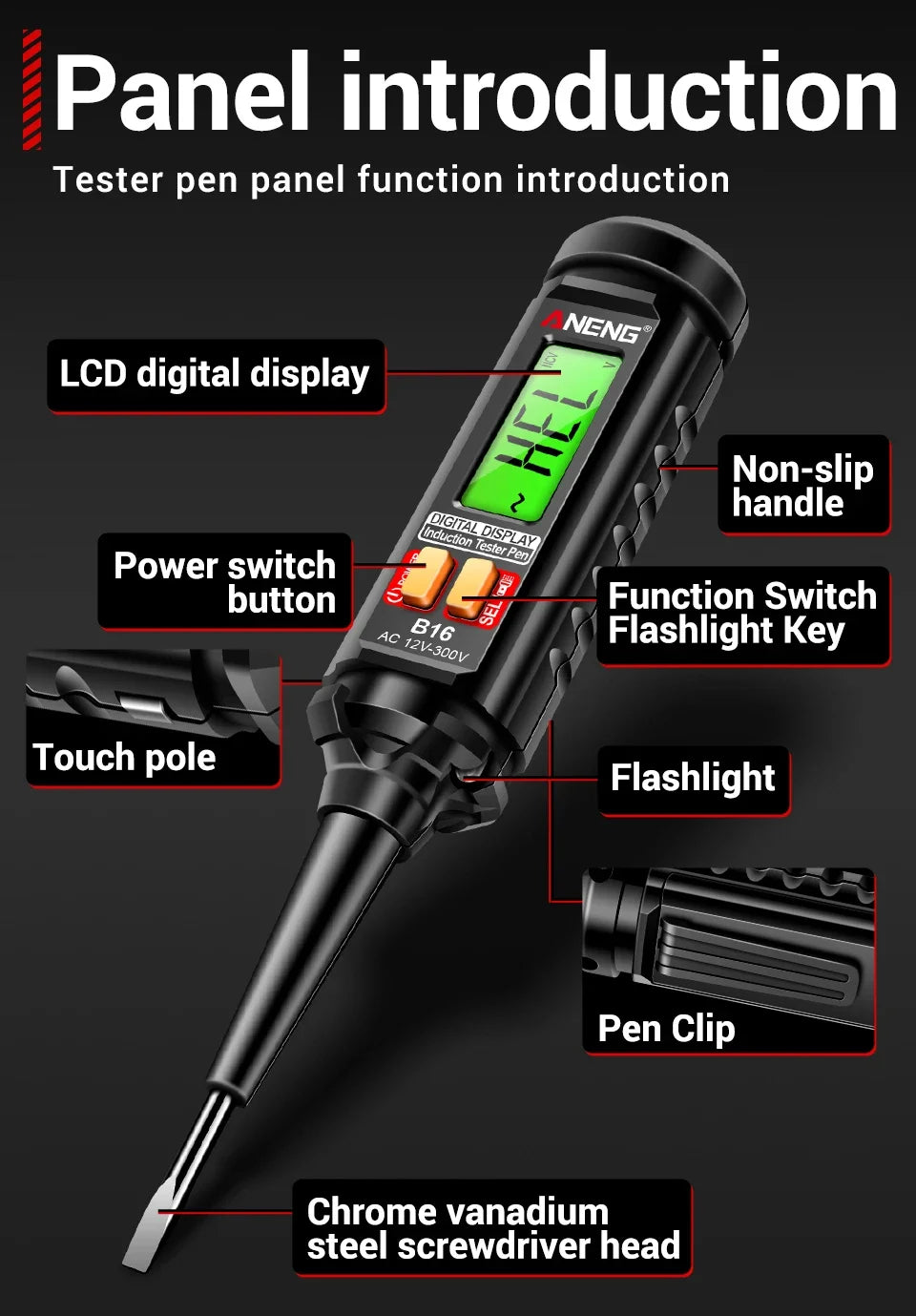 ANENG B16 Lntelligent Sensing Digital Measuring Pen Non-Contact 12V-300V Voltage Detector NCV Voltage Probing Tester Meter Tools