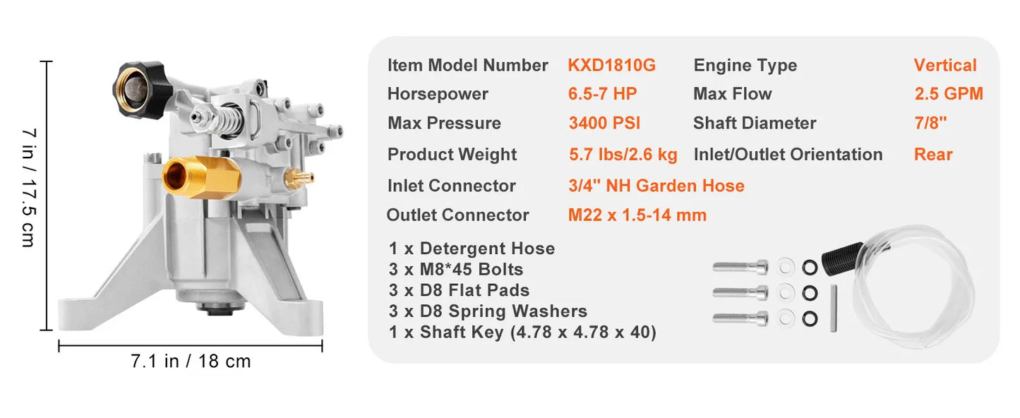 SucceBuy Pressure Washer Pump 7/8" Shaft Vertical 3400PSI 2.5GPM Replacement Power Washer Pumps Compatible with Honda, Simpson