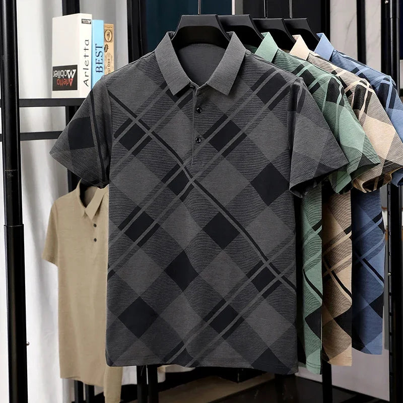 Men's Loose-Fit Check Polo - Soft Thin Woven Stretch, Office Top