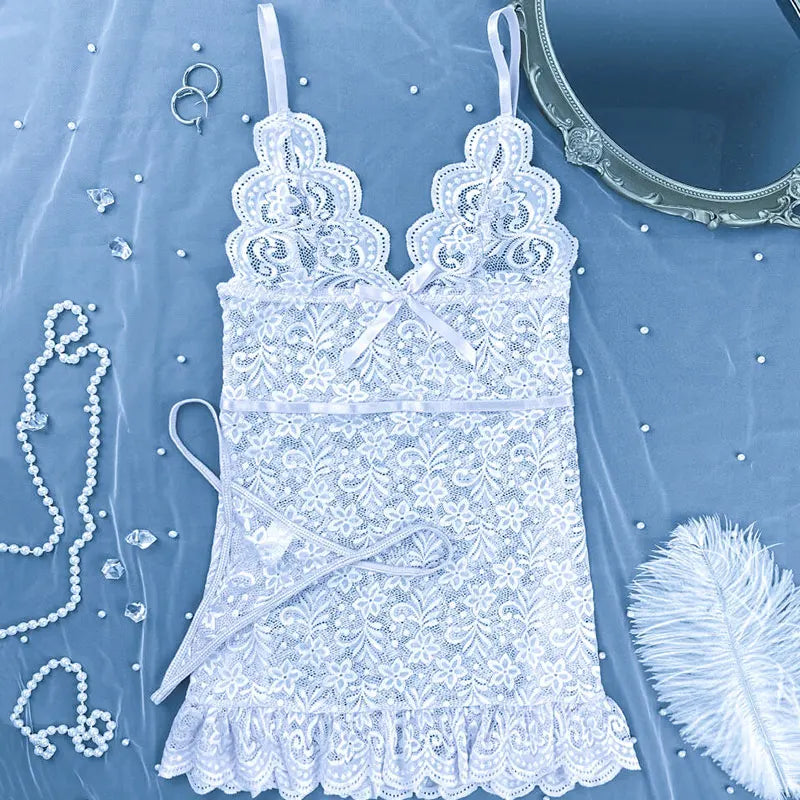 Women's Floral Lace Sleeveless Backless Mini Nightdress – Sexy Transparent Lingerie Dress with Thong | S–XL (4 Colors)