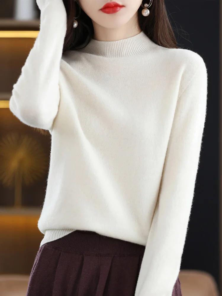 Women's Merino Wool Mock Neck Sweater, Long Sleeve