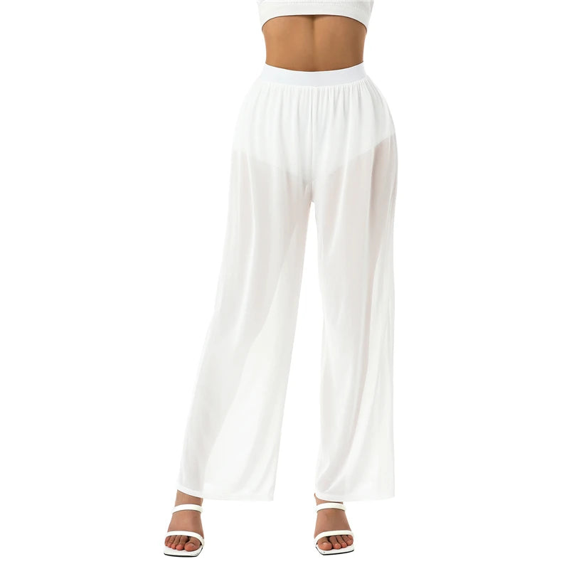 Sexy See-through High Waist Pant Women Long Casual Y2K Straight Trouser Female See Through Wide Leg Long Pants Summer Streetwear