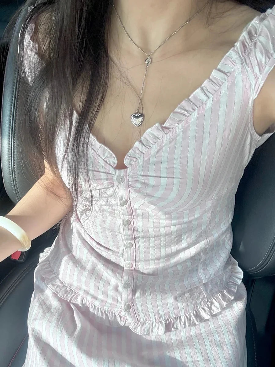 Blue Plaid Fungus T-shirt Women V Neck Single Breasted Puff Sleeve Slim Folds Tee Shirts Summer New Sweet Chic Casual Crop Tops