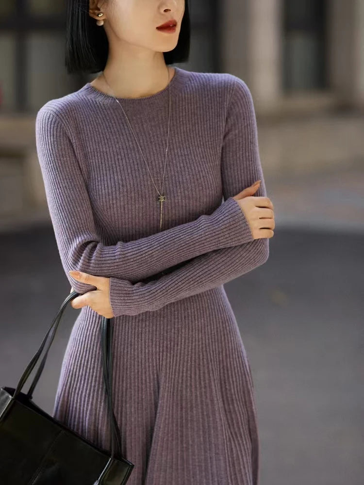 Women Sweater 100% Merino Wool Dress A-Line Pleated Skirts Spring Autumn Pullover Cashmere Thin Slim Flare Dress O-neck Knitwear
