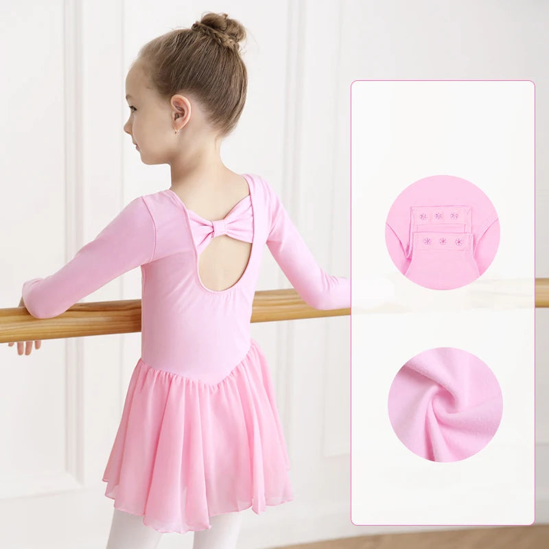 Girl Ballet Leotard with Chiffon Tulle Skirt Kids Bowknot Lyrical Dance Dress Short/Long Sleeve Bodysuit Back Bow Tie Dance Wear