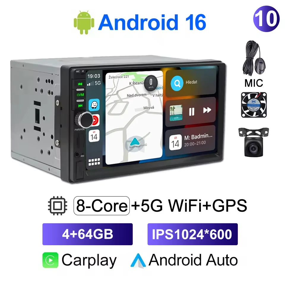 CAIXI Universal 2-DIN Android 14 Car Stereo — CarPlay, Android Auto, GPS for Toyota, Nissan, Jeep, Hyundai, Kia, Chevrolet, VW, Fiat