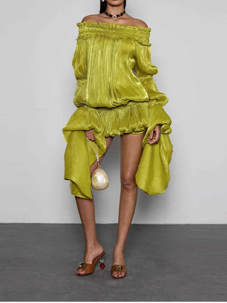 Lime Green Off-shoulder Pleated Short Dress Chic Smocked Waist Bubble Vistidos Women's Tiered Full Sleeve Beach Club Party Gown
